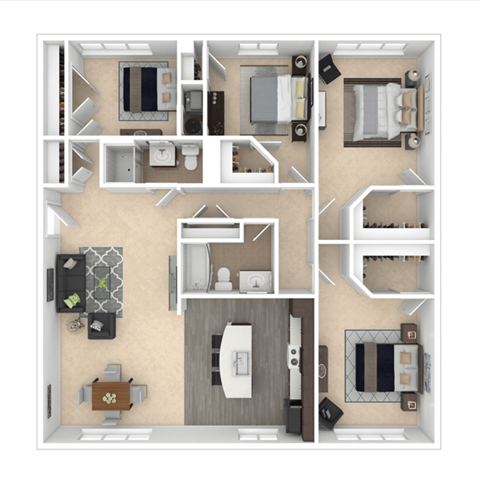 a 3d floor plan of a residence with bedrooms and a living room